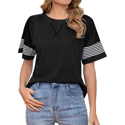 Black Tops For Ladies Blusas Mujer De Moda 2021 Womens Summer Fasion Short Sleeve Round Neck Stripe Print Casual Shirt Tops