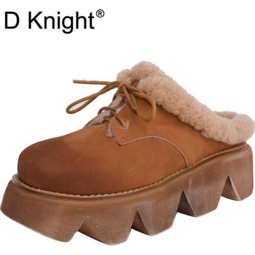 High Quality Genuine Leather Harajuku Women Slippers High Heel Warm Short Plush Snow Winter Home Wedge Half Slipper Woman Shoes