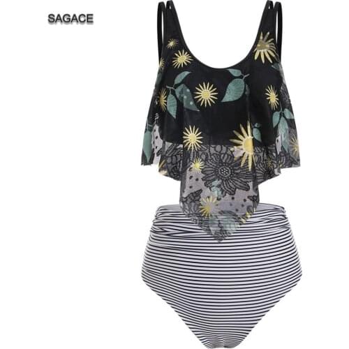 SAGACE 2-Piece Lotus leaf Bikini Set Women Summer Split Swimsuit Sexy Print High Waist Swimwear Lady Holiday Beach biquini A423