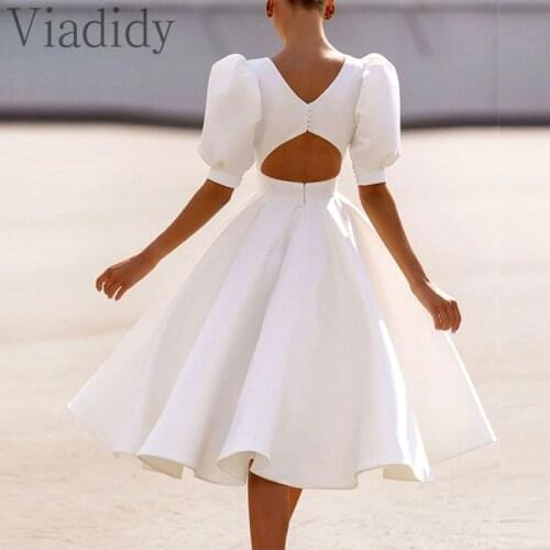 Women Elegant Puff Sleeve High Waist Open Back A-line Midi Dress
