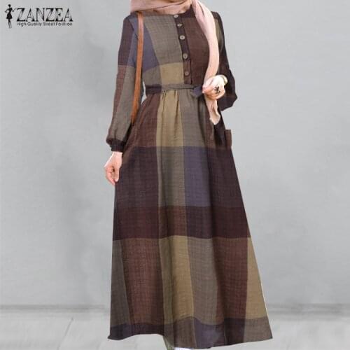 ZANZEA Summer Abaya Hijab Dress Women Long Sleeve Vintage Plaid Checked Muslim Sundress Dubai Turkey Robe Femme Caftan Islamic