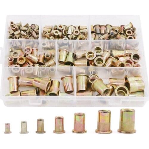 165PCS/Set M3 M4 M5 M6 M8 M10 M12 Rivet Nuts Rivetnut Assortment Kit, Mixed Zinc Steel Finish, Flat Head Threaded Insert Nuts