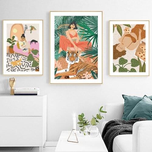 Abstract Girl Tropical Plants Cat Wall Art Canvas Painting Nordic Posters And Prints Boho Wall Pictures For Living Room Decor