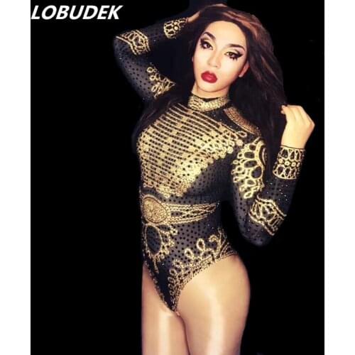 Sparkly golden black crystals bodysuit female singer Bar DJ DS costumes Star Dancer jazz show stage catsuit sexy Nightclub