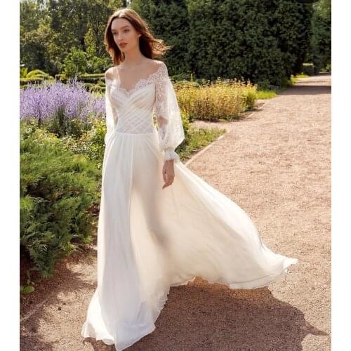 Bohemian Wedding Dress Long Sleeve Side Slit Simple Beach A-Line Floor length Lace Appliques