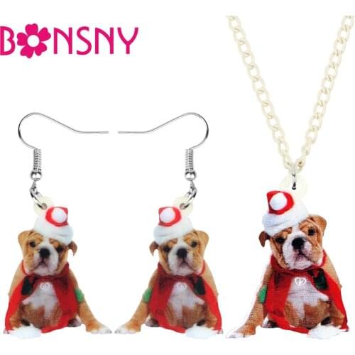 Bonsny Acrylic Christmas Hat Bulldog Dog Jewelry Set Necklace Earrings Animal Decoration Jewelry Women Girls Teen Gift Accessory