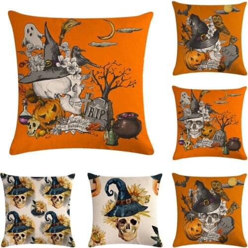 Skull Pattern Cushion Cover Orange Cotton Linen Pillow Case Decoration Home Office Bedroom 45x45cm Halloween Throw Pillow Cover