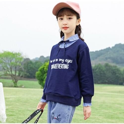 Children Girl Sweatshirt Contrast Collar Letter Pullover Girls Spring Drop Shoulder Long Sleeve Casual Fake Two Sweatshirts 4-14
