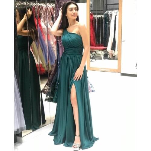 Long Satin One Shoulder Green Evening Dresses with Pockets Zipper Back A-Line Floor Length Abendkleid Robes de Soirée for Women