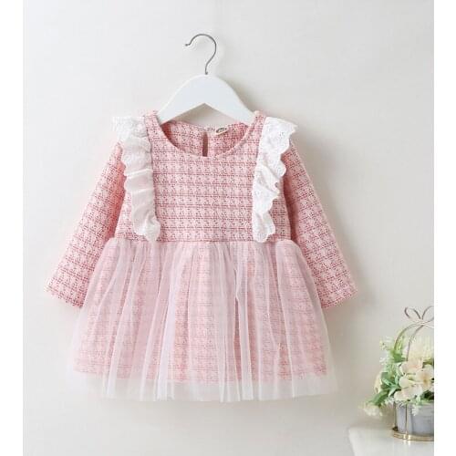 Spring Fall Kids Dresses for Girls Lovely Lace Ruffles Patchwork Mesh Long Sleeve Baby Girl Dress Wedding Princess Dress 0-18M