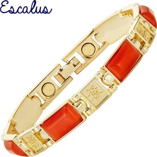 Escalus Magnetic Jewelry Women Gold Bracelet Chinese Characters Orange Cat Eye Stones Ladies Wristband Bangle Charm