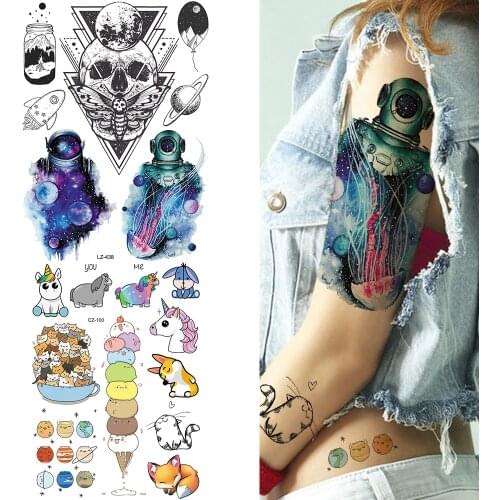 Galaxy Astronaut Triangle Skull Water Transfer Tattoo Stickers Body Arm Death Tattoos Temporary Neck Custom Art Tatoo Makeup Tip