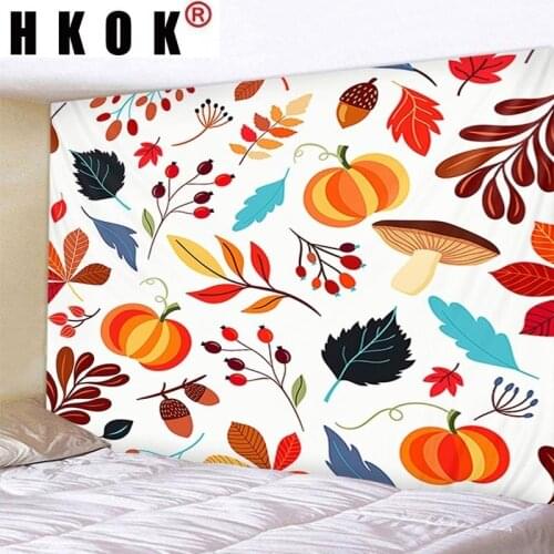 HKOK Leaves Pumpkins Nuts Mushrooms Tapestry Hanging Covering Rugs Background Cloth Beach Mat Blanket Art Bedroom Home Decor