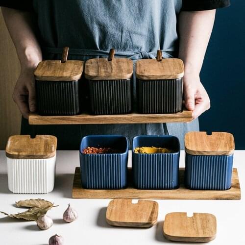 Creative Ceramic Seasoning Tank Household Square Straight Pattern Seasoning Box Set Salt Shaker Sugar Tank Kitchen Cooking Tool