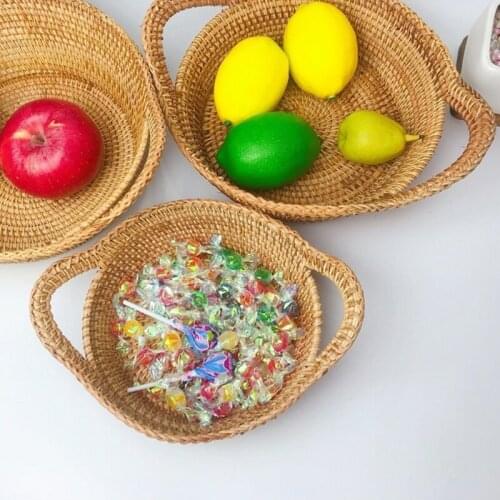 Rattan Round Basket With Handles Vintage Style Storage Organizer Basket For Fruits Vegetables Bread @ls