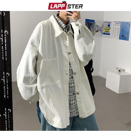 LAPPSTER Men Oversized Cargo Jackets Coats 2020 Autumn Mens Korean Fashion Loose Windbreaker White Japanese Streetwear Coats