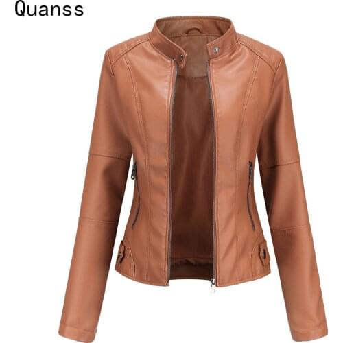 Quanss Women Spring Autumn Faux Leather Jackets Zipper Basic Coat 2021 Moto Biker Casual Pu Outwear Female Jacket