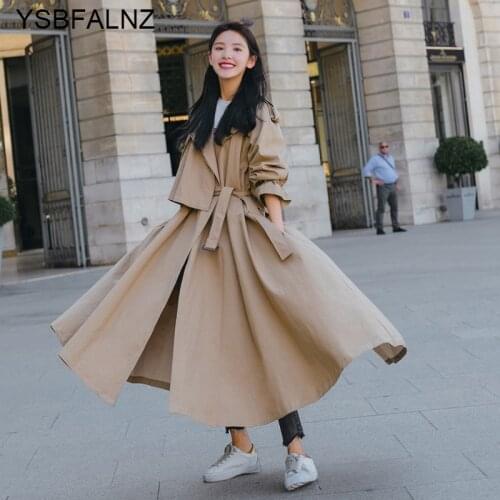 Fashion Korean Style Womens Trench Coats With Belt Office Lady Duster clothes Loose Cloak X-Long Outerwear Spring Autumn 2021