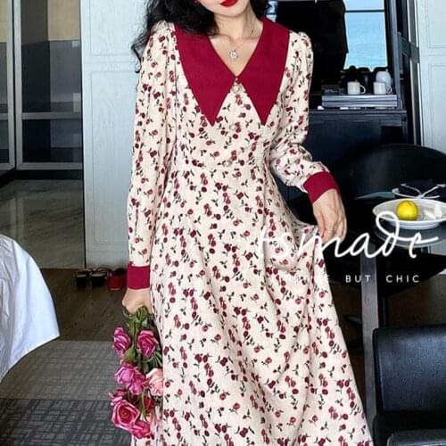 Spring/Autumn French Literary Girl Tender Vintage Sweet Dress V-Neck Fairy Elegant Woman Floral Offiec Lady All-Match Cute Dress