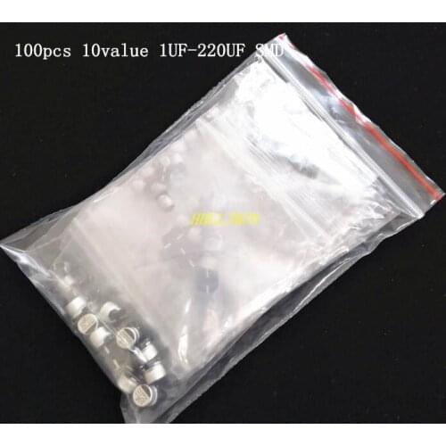 100pcs 10value 1UF-220UF SMD Aluminum Electrolytic Capacitor Kit (6.3V 10V 16V 25V 35V 50V 1UF 4.7UF 10UF 22UF 47UF 100UF 220UF