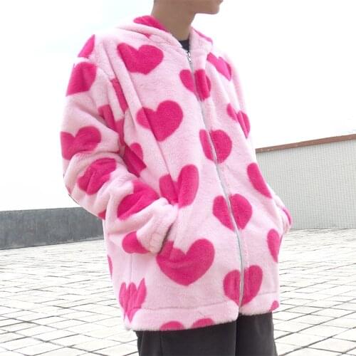 Cute New Korean Fashion Red Heart Print Autumn Winter Coats Men Top Harajuku Jacket Pink Kawaii Soft Hairy Hooded Outerwear 2021