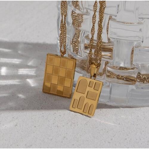 New Trendy New Arrival Stainless steel Gold Plated Waterproof Tarnish Free Square Pendent Water Wave Chain Necklace For Women