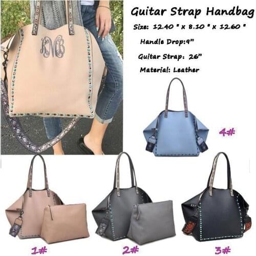 New Fashion Female Rivet Guitar Strap Handbag Large PU Leather Hobo Bag With Print Strap Two Piece Ladies Shoulder Bag For Women
