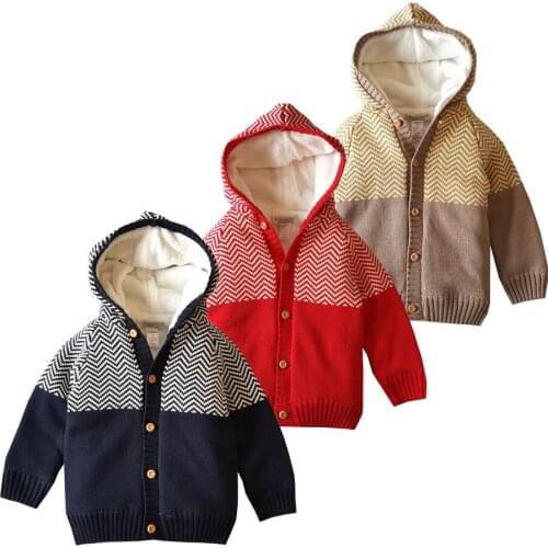 Wholesale England Style Childrens Clothing Baby Pure Cotton Hooded Sweater Coat Kids Girl Boys Fleece Thread Knit Jacket 2-5 Y