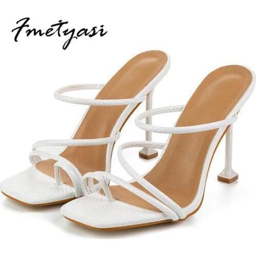 Heels Women Stiletto Sandals Square Open Toe Big Size Patent Leather T-tied Thin Heels Height Increasing LightWeight Slip-on