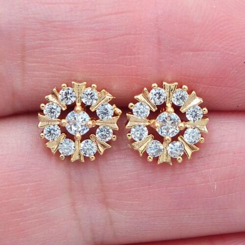 Gold Color Women Fashion Clear White Zirconia CZ Elegant Flower Stud Earrings Jewelry