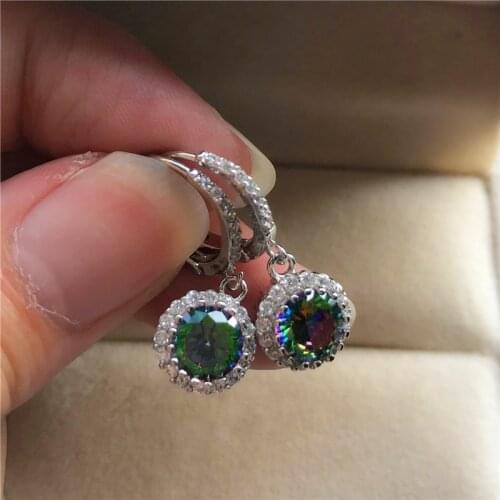 Rainbow Round Zircon Wedding Earrings Rose Gold Silver Color Hoop Earrings Luxury Female White Crystal Stone Earrings For Women