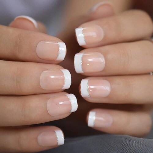 Medium Round French Nail Natural Sliver Boundary Press On Finger Nails Jelly Simple Daily Acrylic Nail Tips 24Pcs