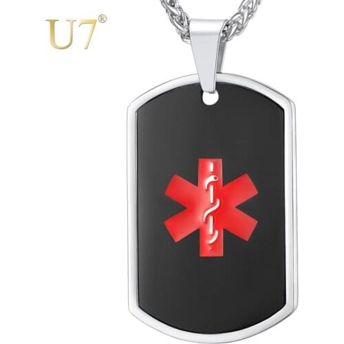 U7 Personalized Medical Sign Red Enamel Necklace Stainless Steel Chain Black ID Dog Tag Emergency Jewelry for Men,Women P1236
