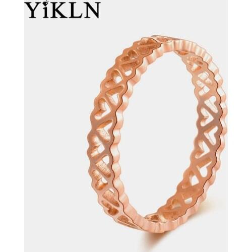 YiKLN Fashion Titanium Stainless Steel Hollow Love Heart Ring Office Style Rose Gold Party Rings For Women Girls YR19180