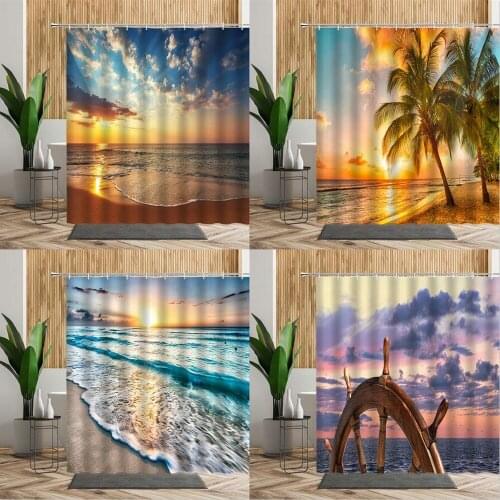 Sunset Sea Landscape Shower Curtain Beach 3D Bathroom Decors Dusk Natural Scenery Wall Decoration Painting Fabric Bath Curtains