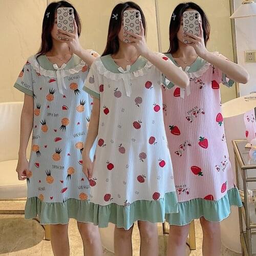 2021 Hot Summer Short Sleeve Print Nightgowns for Women Cute Lace Bow Sleepwear Night Gown Nightdress Students Dress Home Nighty