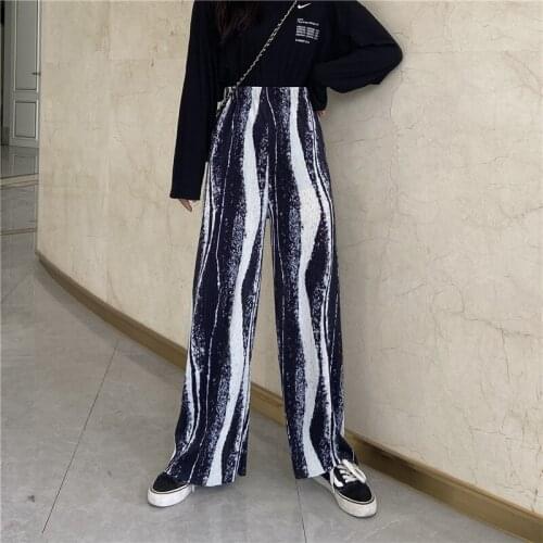 Womens Pants 2020 New Autumn Tie-dye Pleated Casual Pants High Waist Straight Wide Leg Pants Loose And Thin Mopping Trousers