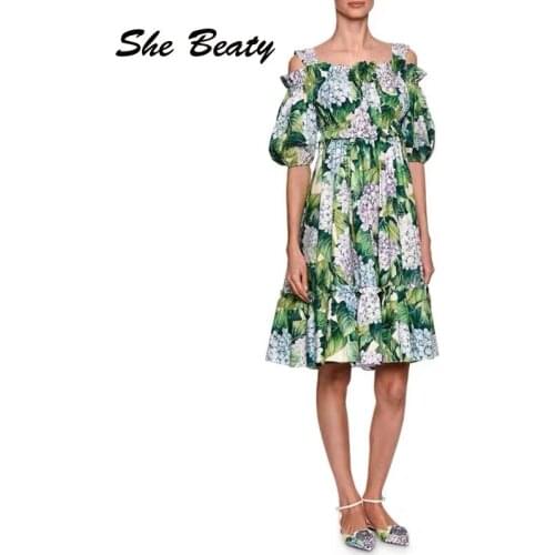 She Beaty Green Floral Printed Dress Women 2021 Hydrangea Flower Elastic Waist Slash Neck Ruffles Chic Beach Vacation Za Dresses