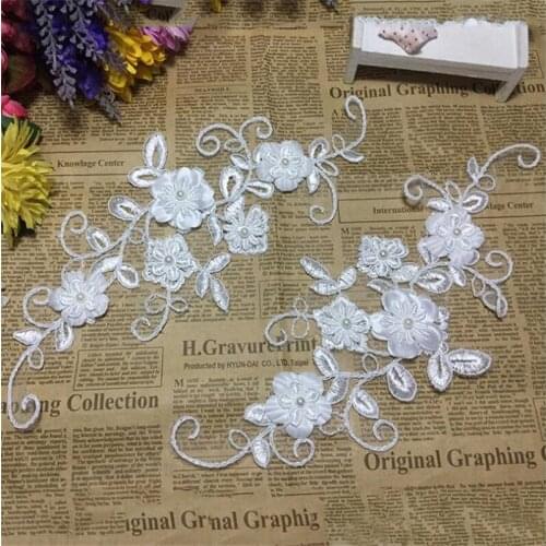 10Pairs 12X28cm Ivory Pearl Wedding Dress Floral Embroidery Sewing Beaded Patches Lace Applique Flower Trims DIY Craft BD0353