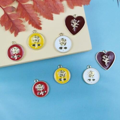 10pcs Metal Diy Heart Rose Flower Floral Fashion Charms KC Gold Enamel Alloy Small Bracelet Pendant Korean Jewelry Accessories