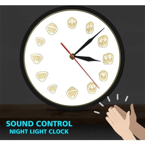12 Tooth Shape Clinic LED Wall Clock Metal Frame Hygienist Dentist Sound Control Hanging Wall Watch Medical Dental Office Decor