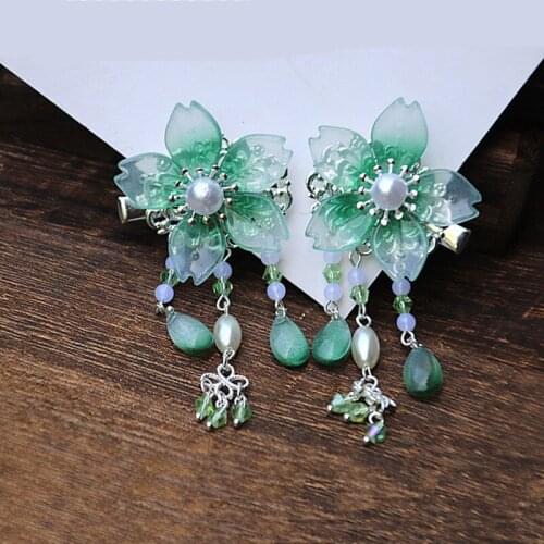 2 pcs Green Flower Baby Girl Hair Clips HairpinTraditional Headdress Handmade Hair clip