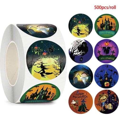 500Pcs/Roll Halloween Witch Round Stickers Envelope Sealing Labels Candy Bag Sticker For Halloween Party Decor