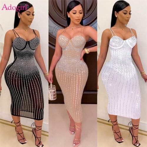 Adogirl Diamonds Sheer Mesh Spaghetti Straps Midi Club Party Dress Plus Size S-5XL Bodysuit Lining Women Camis Vestidos