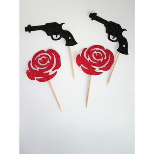 Glitter Guns or Roses wedding birthday cupcake toppers Gender Reveal cake decoration doughnut food toothpicks