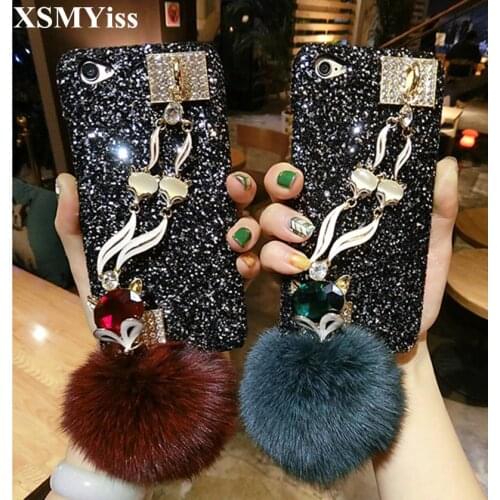 XSMYiss Luxury Bling Glitter Case For Iphone X 10 Xs Max XR Case Fox Fur Ball Bracelet Chain For Iphone 6 6S 7 8 Plus PC Case