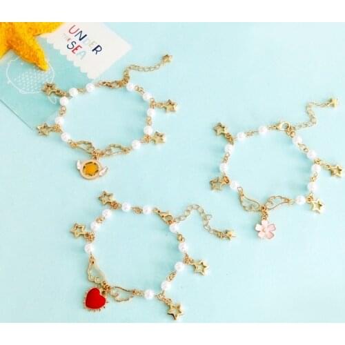 Kids Girls Gifts Japanese Gold Color Stars Charms Angle Wing Wand Pink Flower Red Heart Card Captor Sakura Bracelet