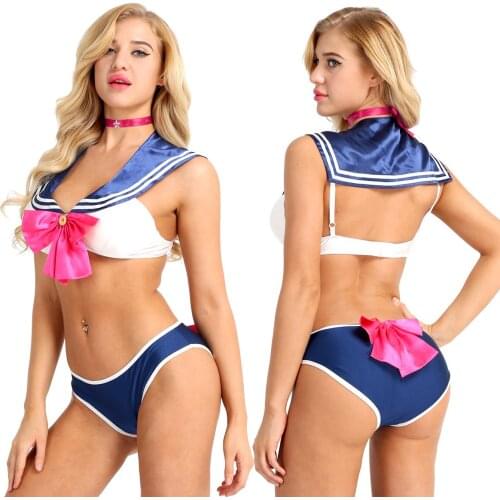 Women Adult Bowknot Sailor Uniform Japanese Schoolgirl Cosplay Costume Uniform Bra Tops with Bottom Briefs and Neck Ring Costume