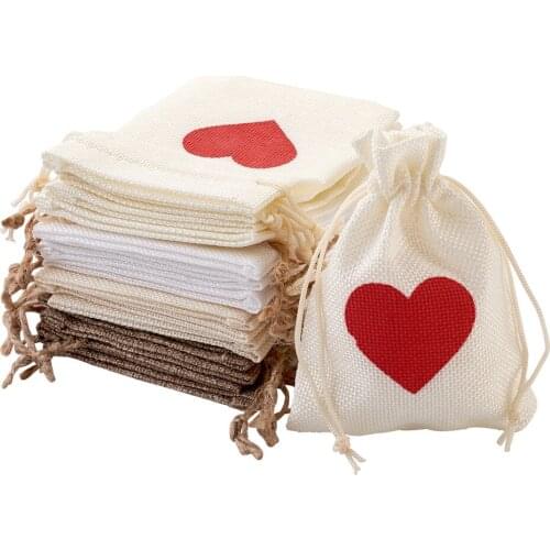 24Pcs/Set Heart Printed Jute Burlap Bags Packing Drawstring Pouches For Favor Candy Present Jewelry Making Packaging Display