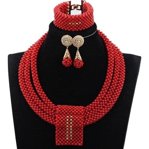 Fantastic Wedding African Coral Beads Jewelry Set Handmade Party Bridal Statement Necklace Earrings Set HX739